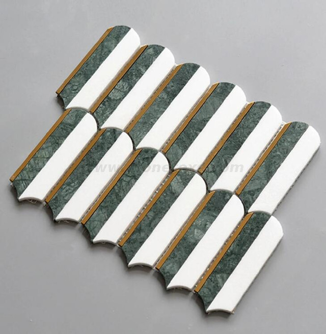 Arch Mosaic Tiles With Green Natural Stone Marble And Metal Chevron Pattern Tiles