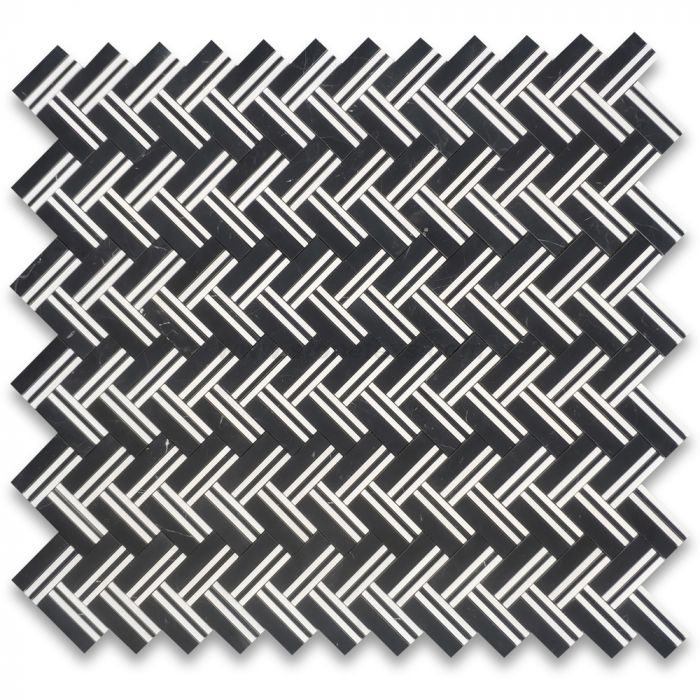 Thassos White And Nero Marquina Black Marble Herringbone Tile