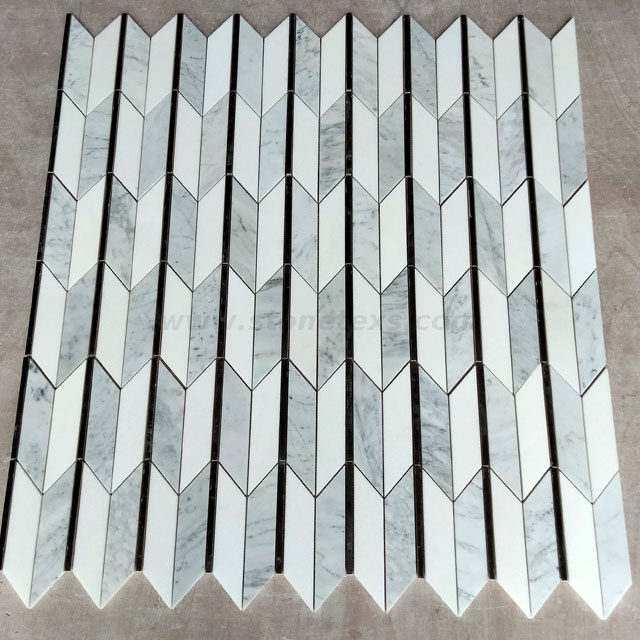 Thassos And Carrara White Marble Blends Stainless Steel Arrow Mosaic Design
